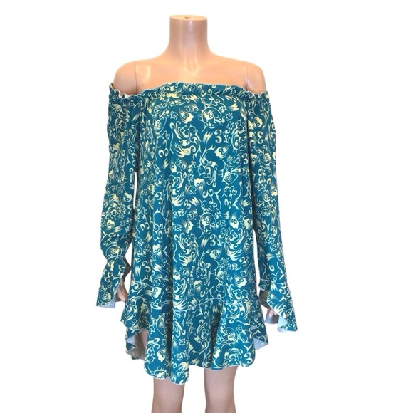 NWOT Hannah Closet Women’s Off Shoulder Mini Dress Tunic Top Teal White Size XL - Picture 1 of 8